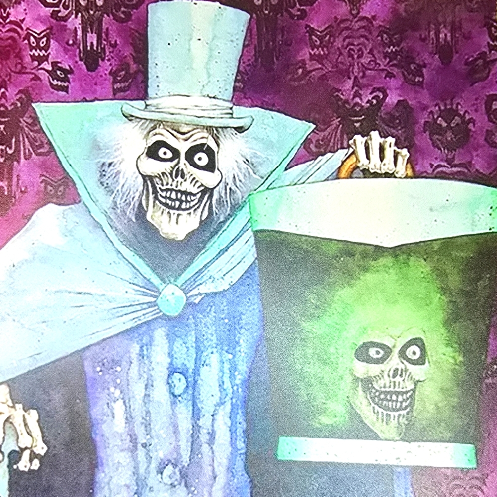 Haunted House Ghost & Head in Hat Box Tin Sign 12Hx8W
